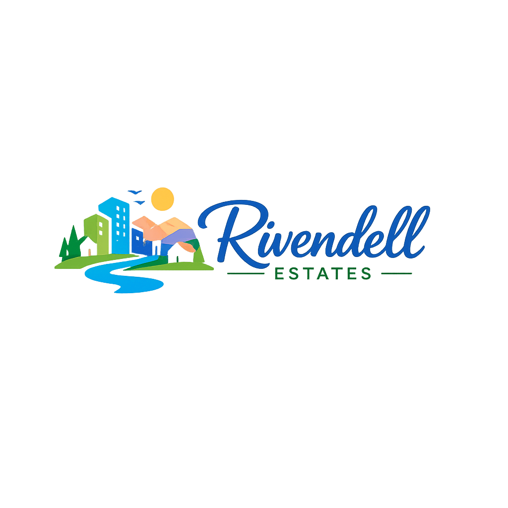 A logo for Rivendell Estates features a person relaxing by a river.